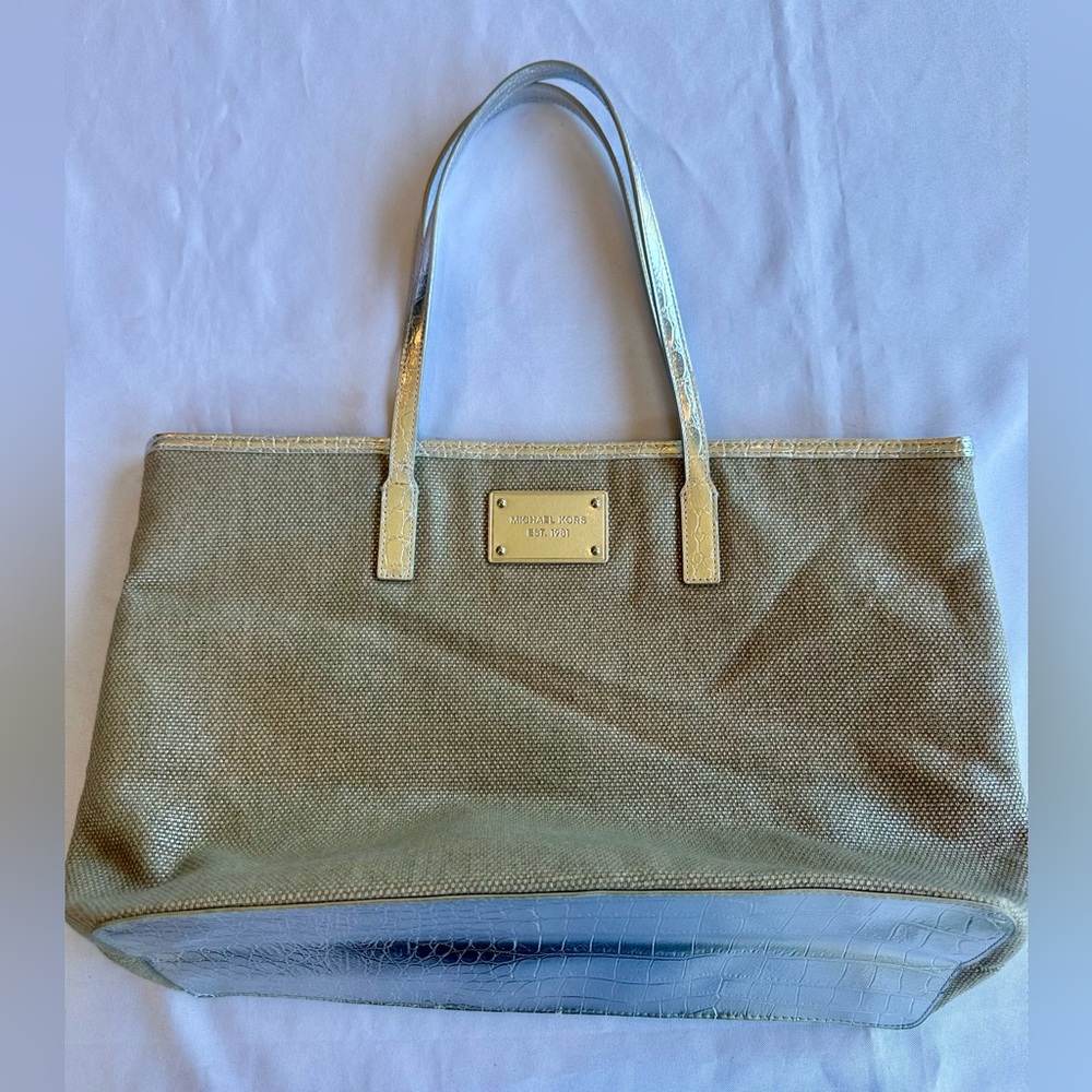 Michael Kors Tan Woven Silver Croc-Embossed Large Tote